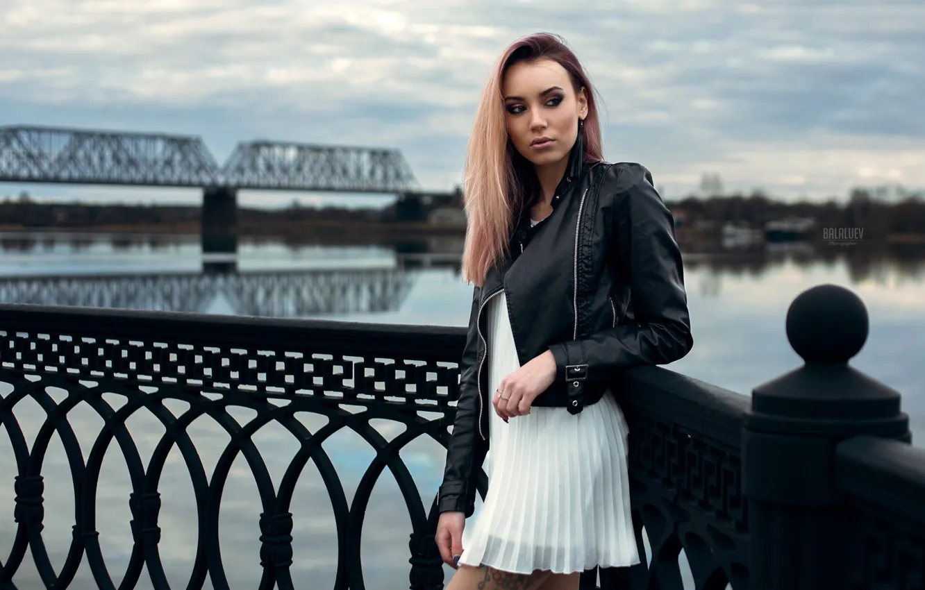 Photo wallpaper look, girl, bridge, pose, river, hair, jacket, balaluev