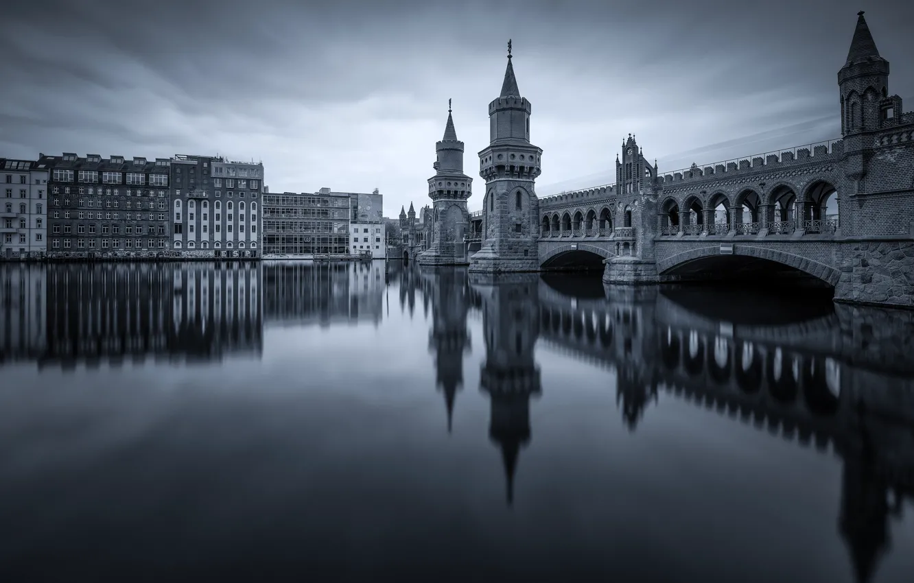 Photo wallpaper bridge, the city, reflection, river, building, Germany, tower, arch