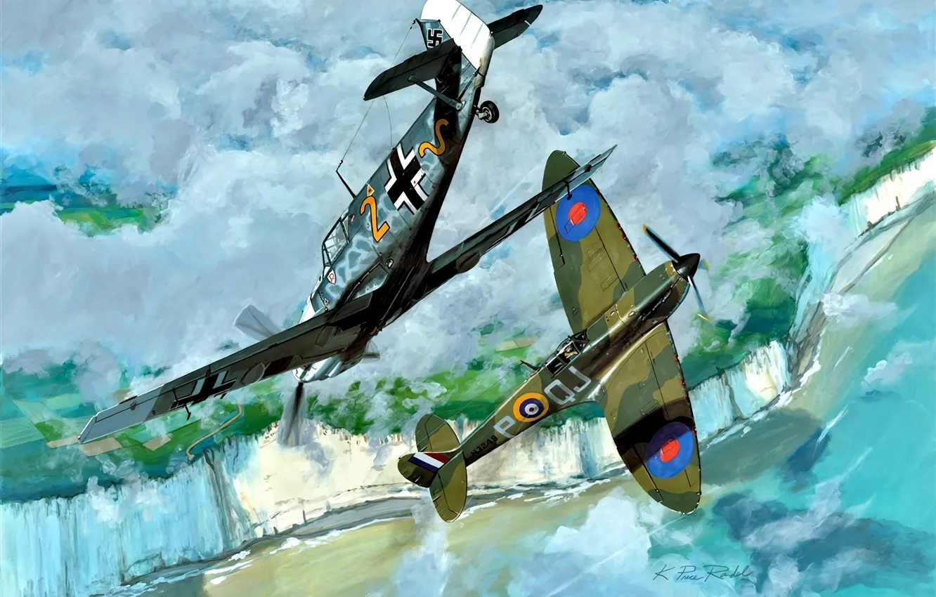 Photo wallpaper 1940, Spitfire Mk.I, Bf.109E-4, JG2, Fighter squadron, "Richthofen", 92 squadron RAF