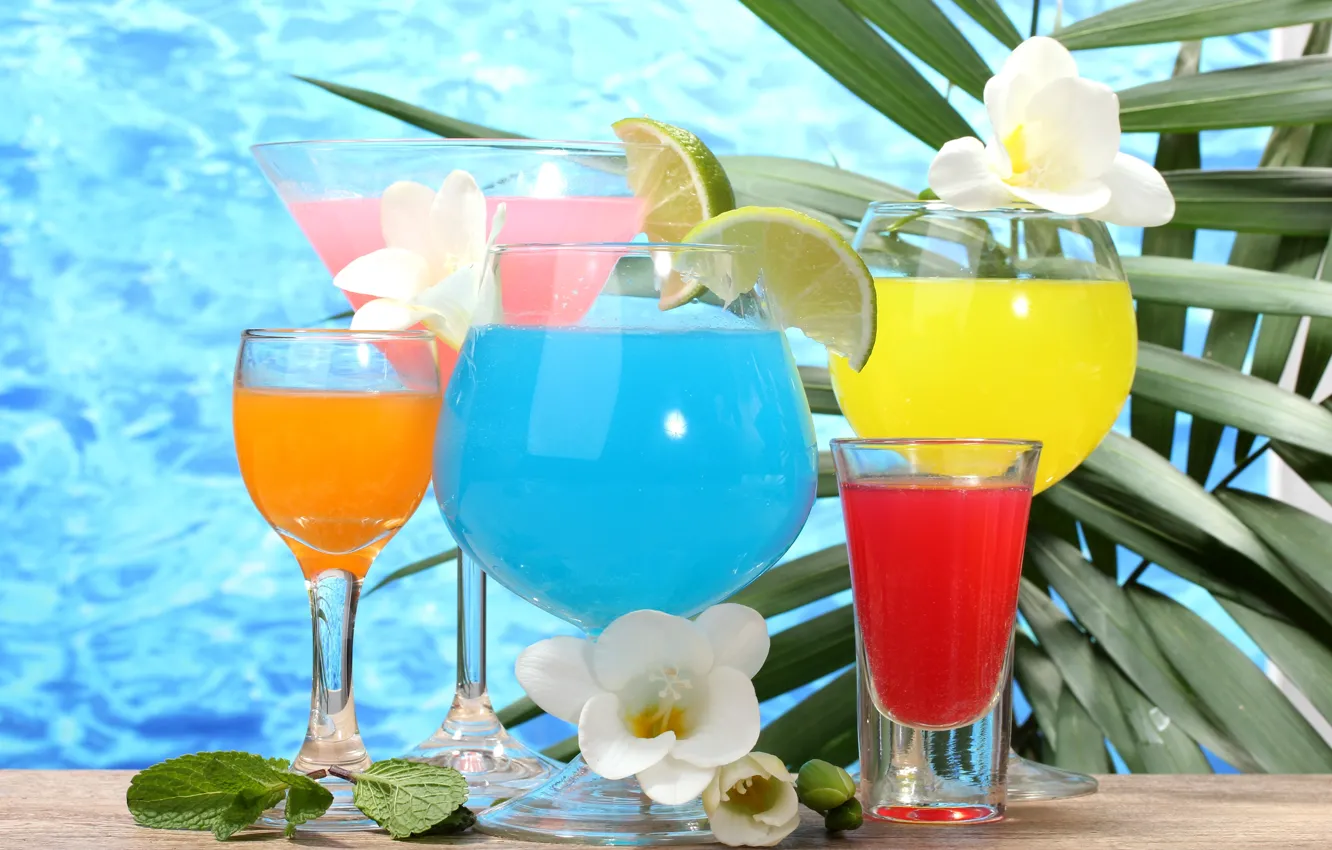 Photo wallpaper flowers, glass, glass, cocktail, lime, drink