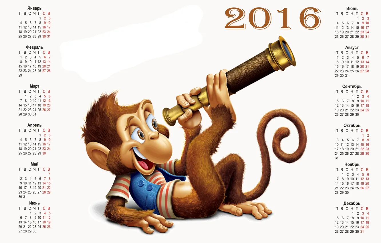 Photo wallpaper monkey, monkey, calendar, calendar, 2016