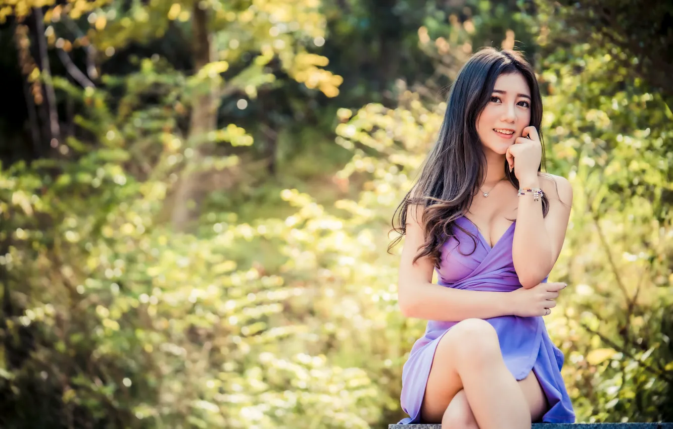 Photo wallpaper look, girl, dress, Asian, bokeh, knees