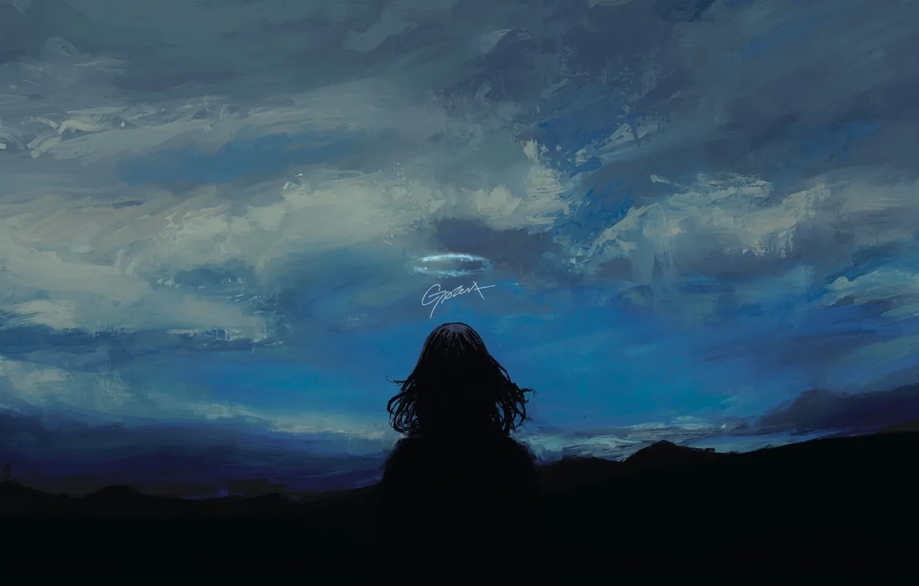 Photo wallpaper the sky, girl, twilight, halo