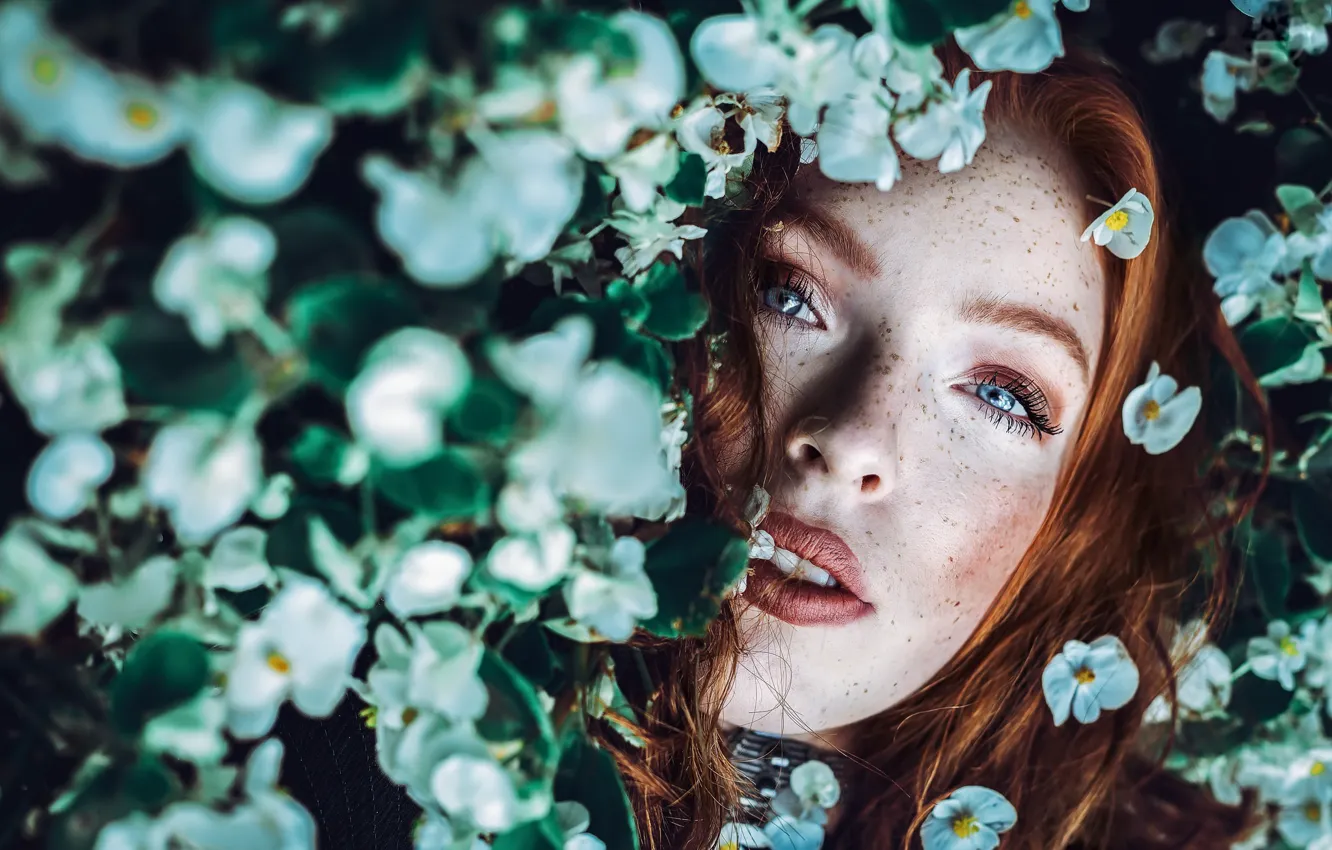 Photo wallpaper look, girl, flowers