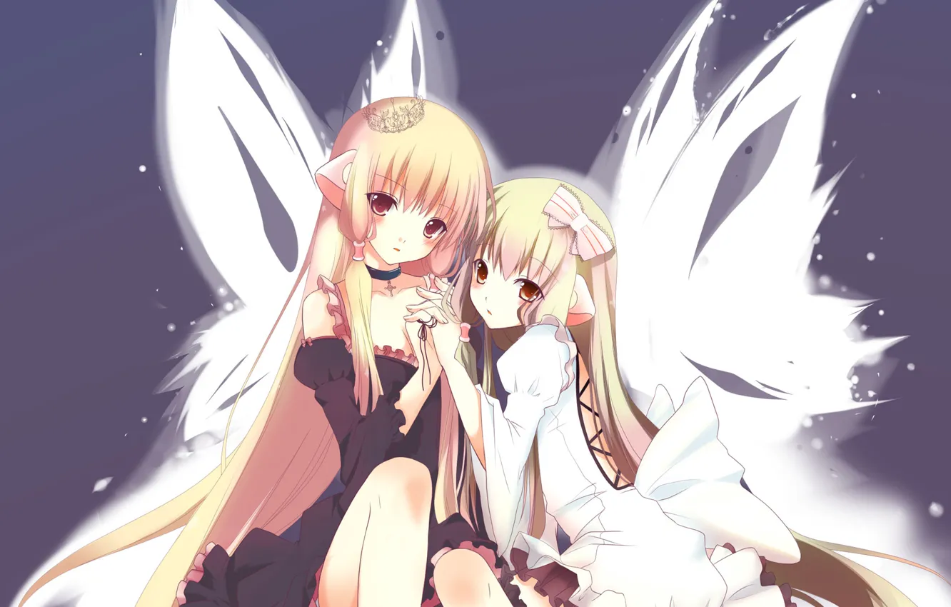 Photo wallpaper girls, wings, crown, Two, bow, long hair