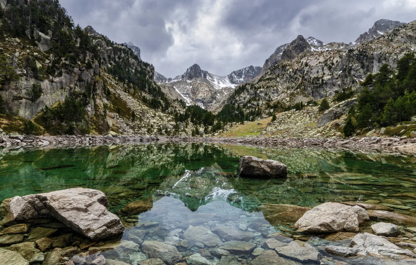 Photo wallpaper forest, clouds, mountains, lake, stones, rocks, tops, the bottom