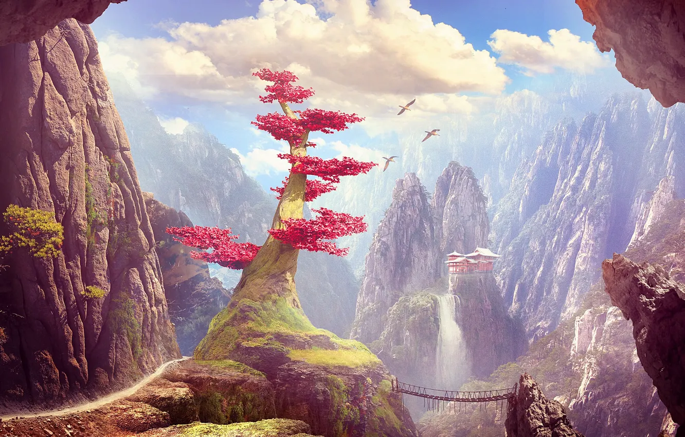 Photo wallpaper landscape, mountains, birds, castle, tree, rocks
