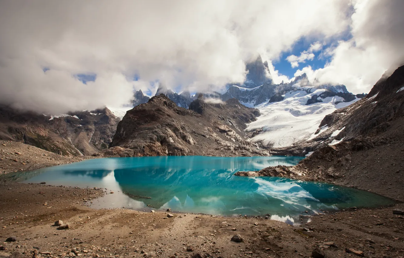 Photo wallpaper clouds, snow, mountains, lake