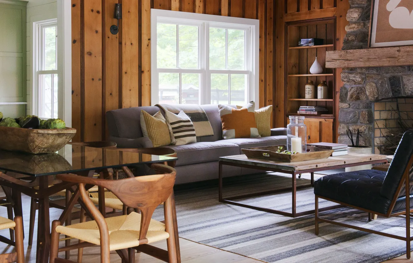 Photo wallpaper interior, fireplace, living room