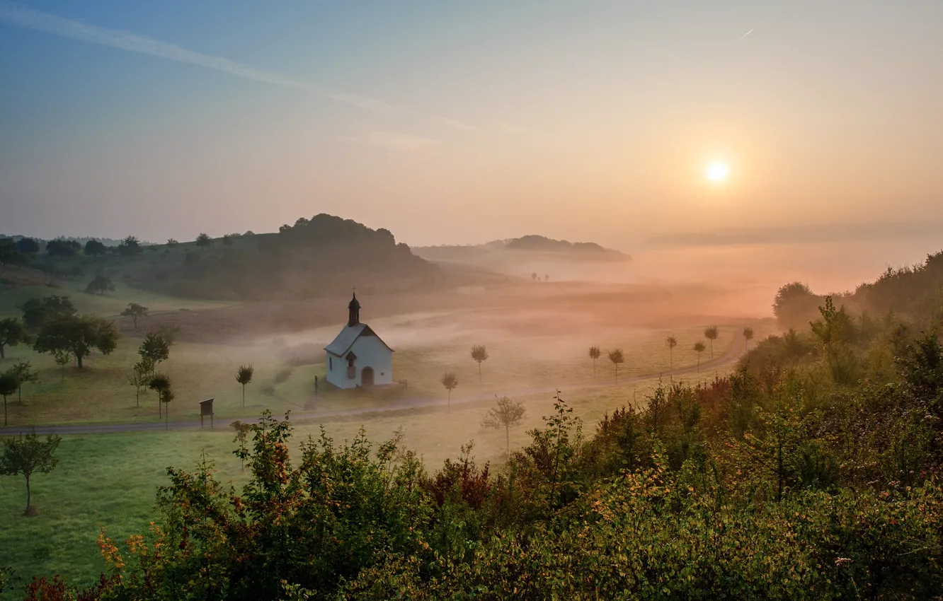 Photo wallpaper field, fog, dawn, hills, morning, Church, haze, chapel