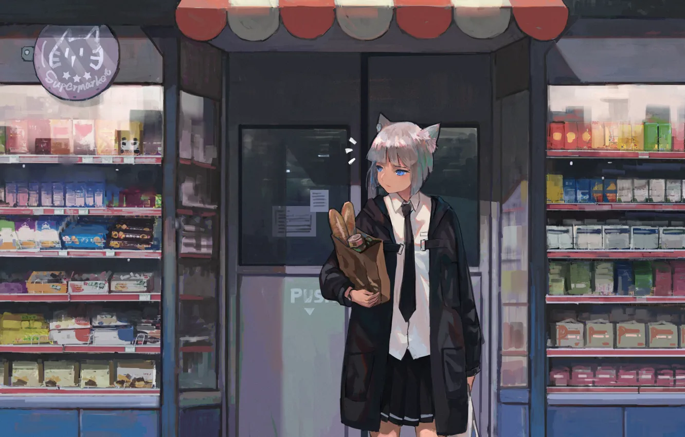 Photo wallpaper girl, jacket, shop, baton