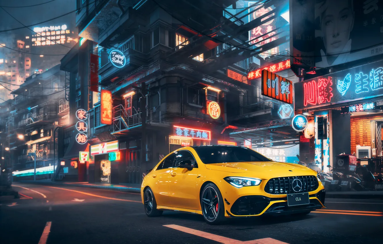 Photo wallpaper car, Mercedes-Benz, Mercedes, AMG, yellow, CLA-class, CLA-Class, Mercedes-AMG