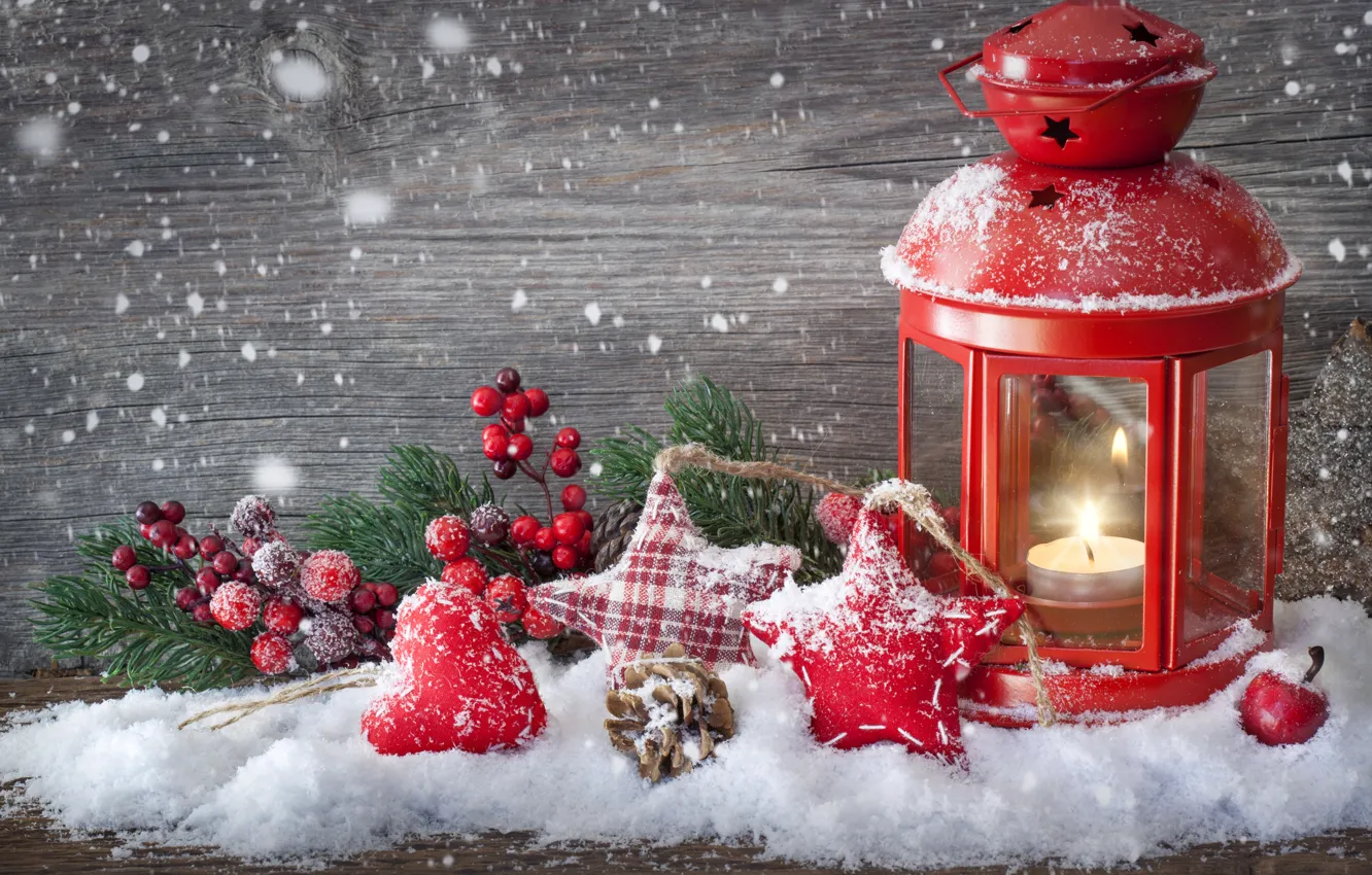 Photo wallpaper stars, snow, toys, candle, branch, New Year, Christmas, bump