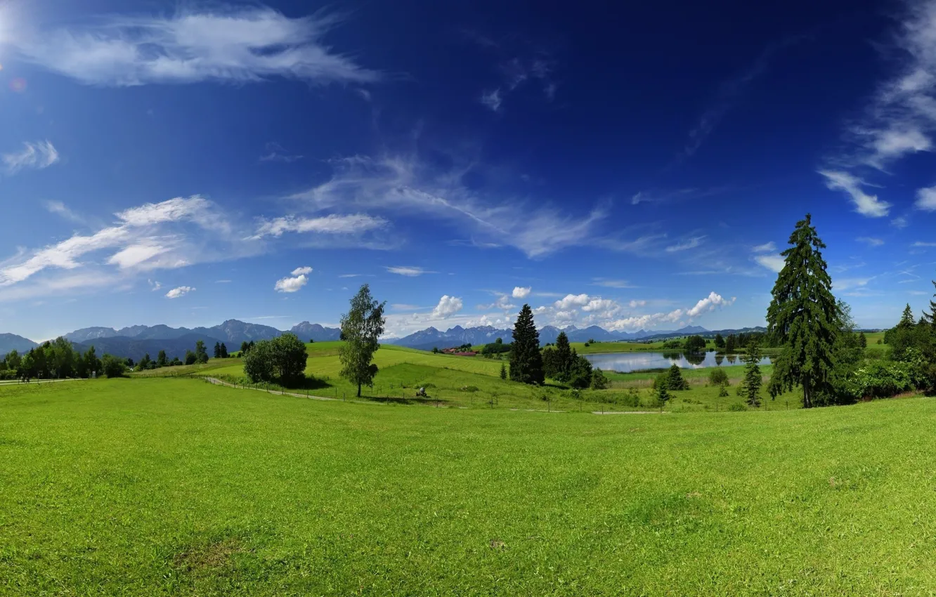 Photo wallpaper field, the sky, trees, lake, glade, the fence