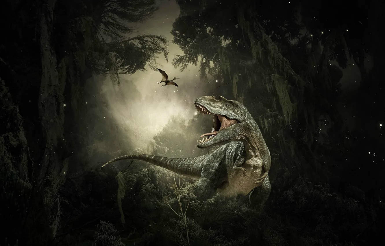 Photo wallpaper forest, the dark background, rendering, collage, dinosaur, jungle, pterodactyl, photoart