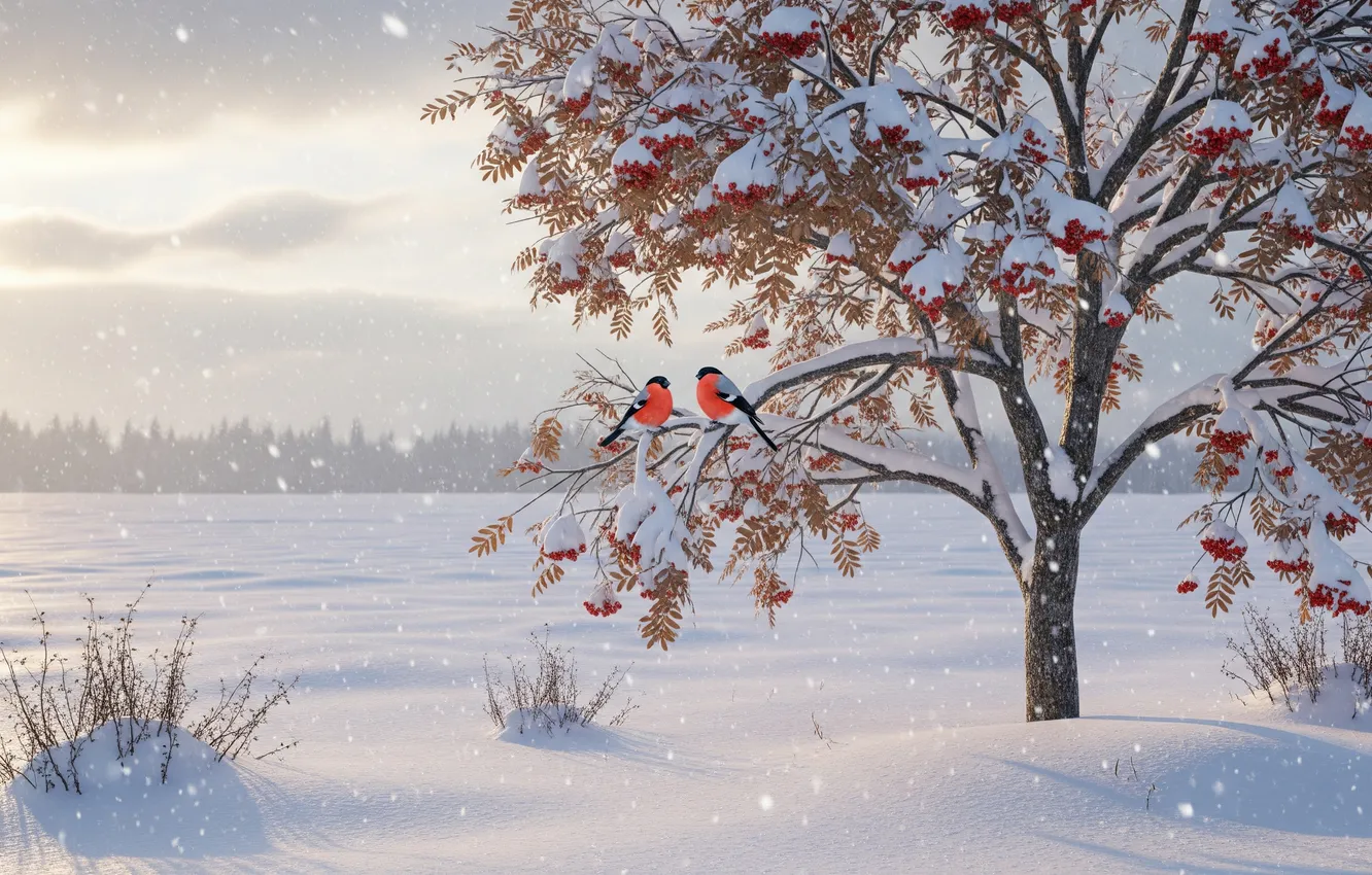 Photo wallpaper winter, the sky, clouds, snow, the snow, bullfinch, Rowan
