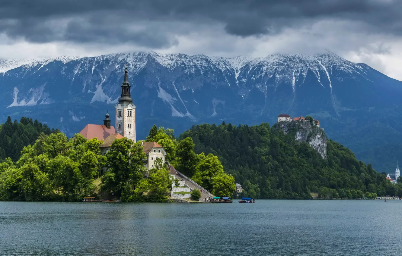 Photo wallpaper forest, trees, mountains, lake, rocks, boat, island, home
