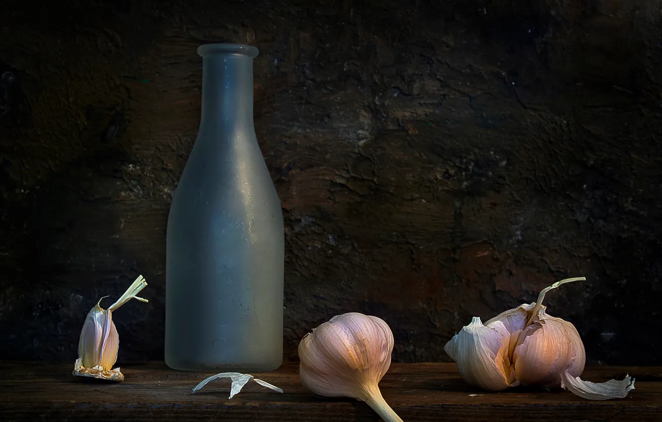Photo wallpaper bottle, still life, composition, garlic, The pungent panacea