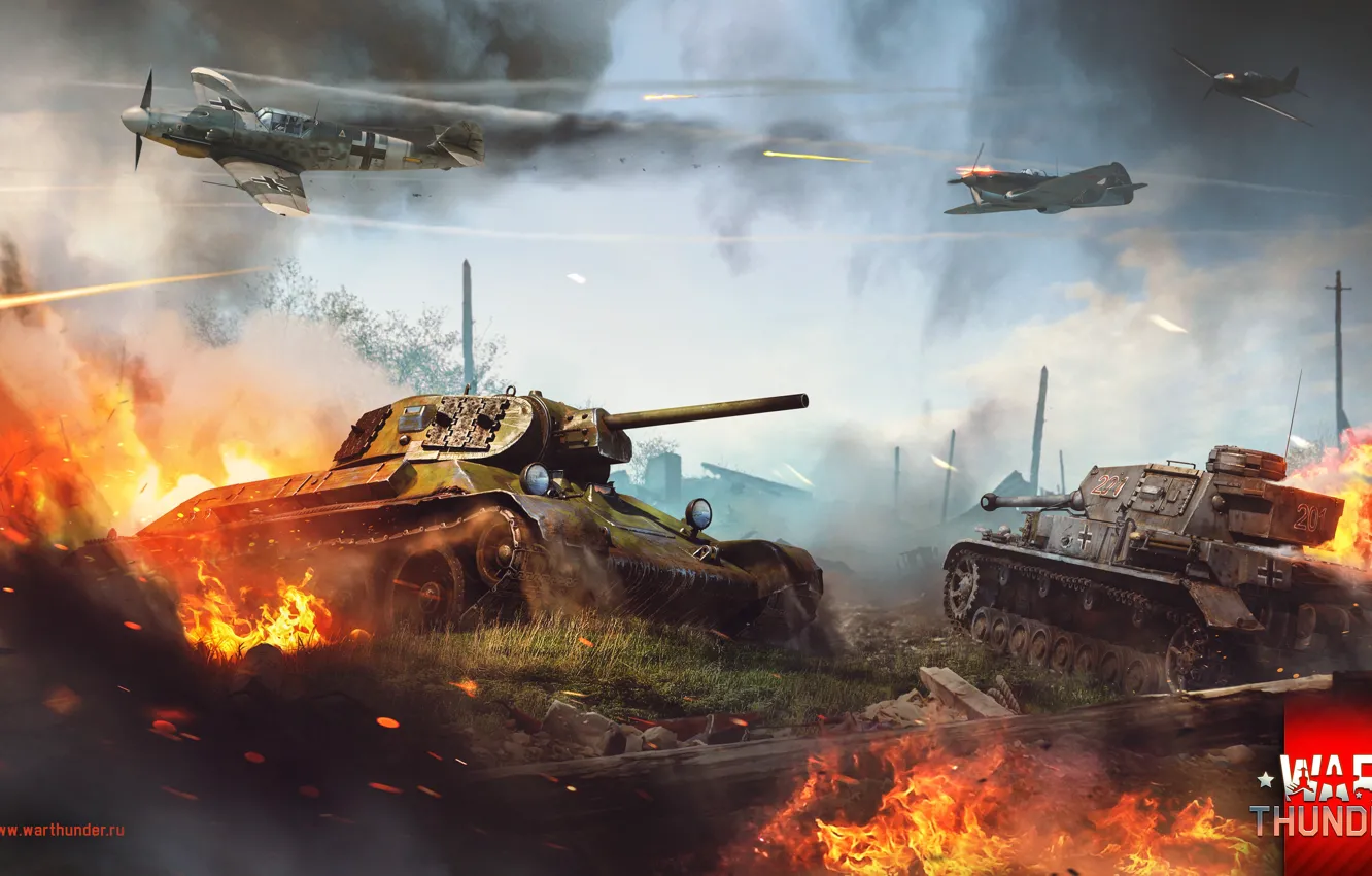 Photo wallpaper fire, dirt, tank, T-34, War Thunder, The battle for Stalingrad