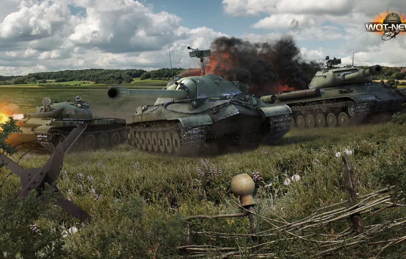 Photo wallpaper field, grass, caterpillar, earth, smoke, shot, USSR, battle