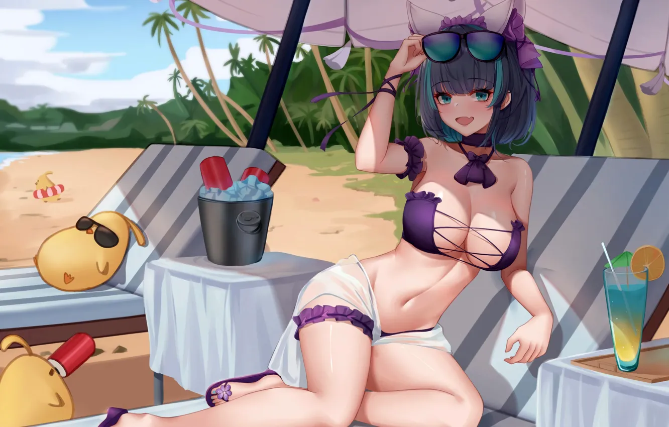 Photo wallpaper girl, sexy, cleavage, beach, boobs, anime, beautiful, short hair