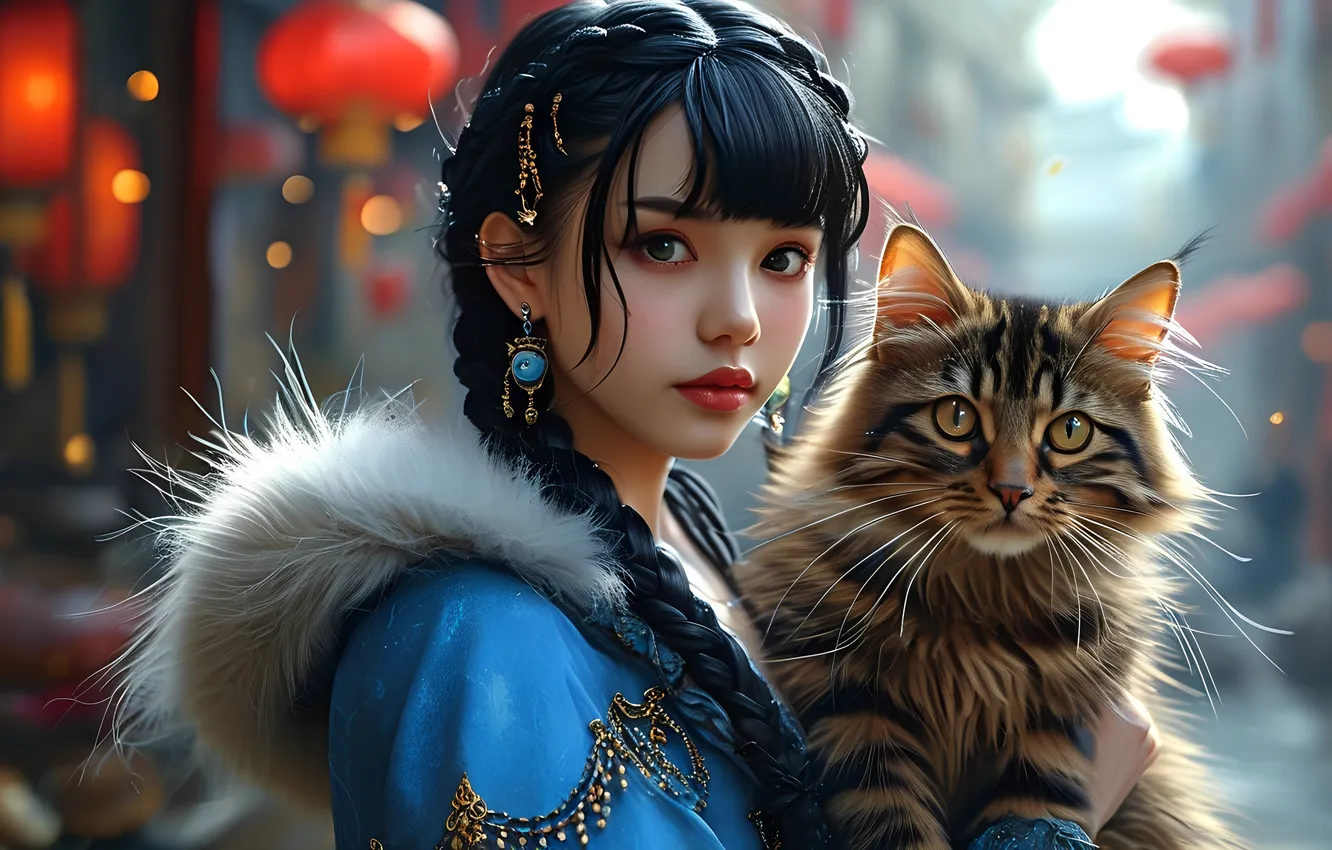 Photo wallpaper cat, girl, Chinese, Asian