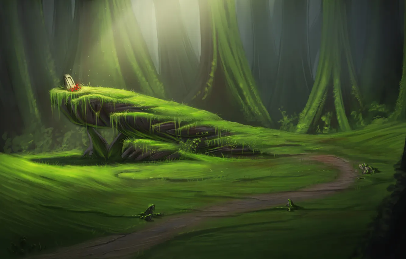 Photo wallpaper forest, trees, flowers, rocks, graves, art, path, the sun's rays