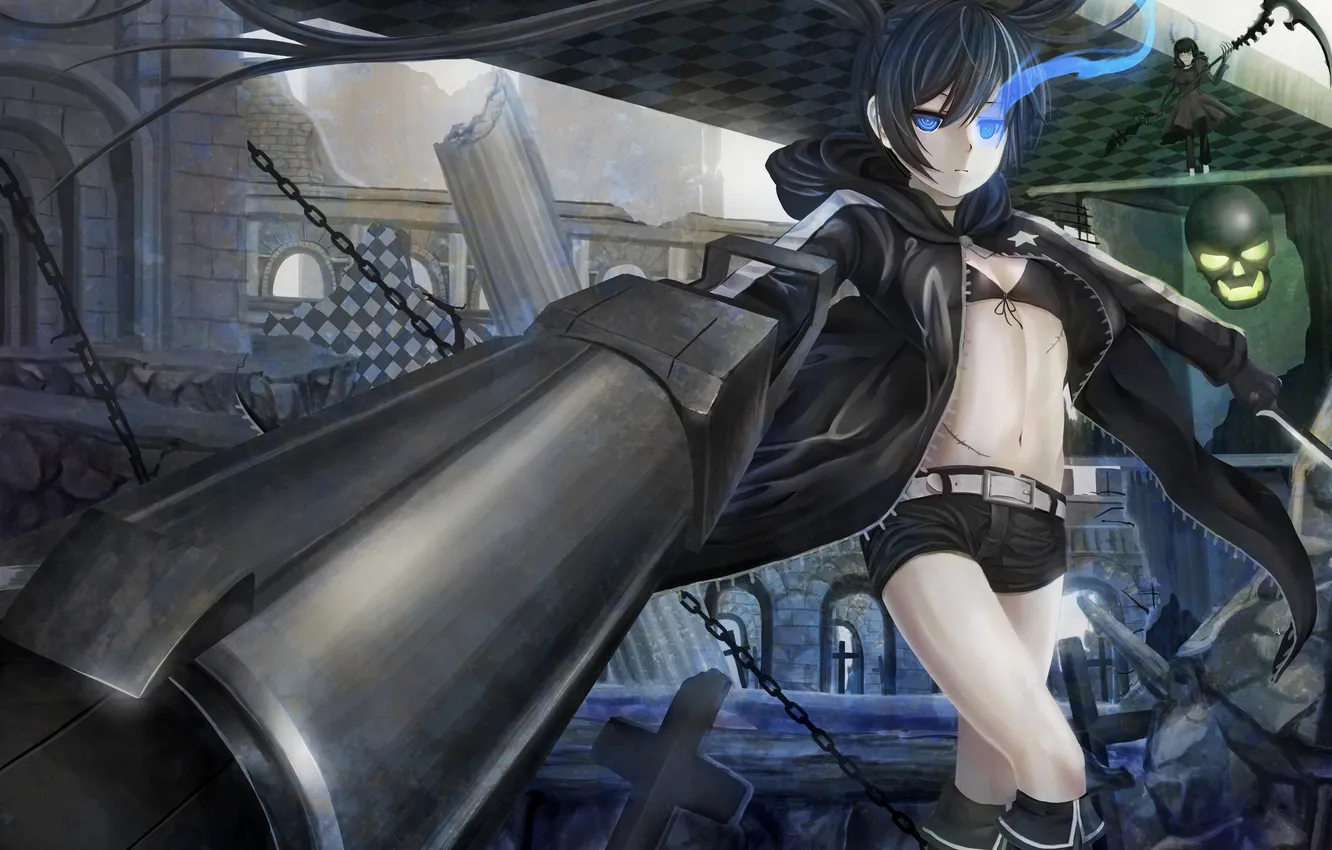 Photo wallpaper look, girl, the city, smile, weapons, magic, skull, chain