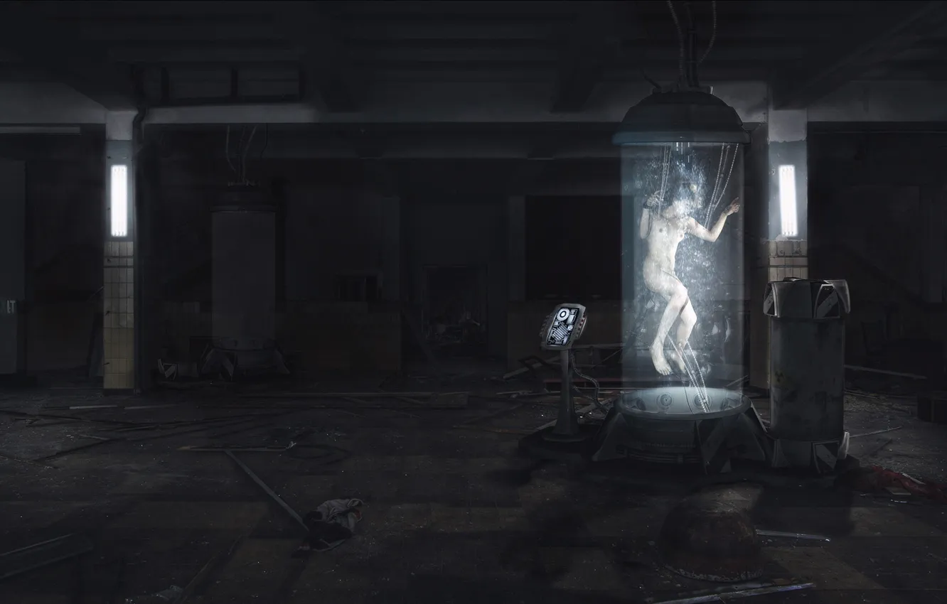 Photo wallpaper girl, interior, capsule, remote, tubes