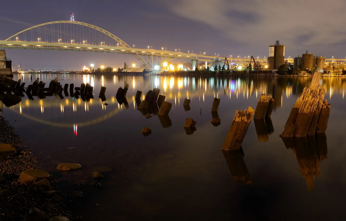 Photo wallpaper landscape, bridge, the city, lights, river