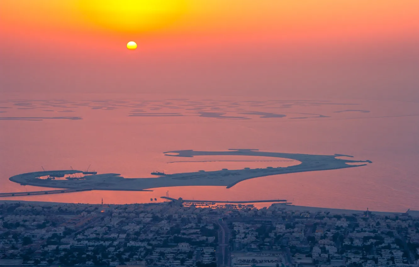 Photo wallpaper ocean, sunset, water, sun, houses, orange, reflection, homes
