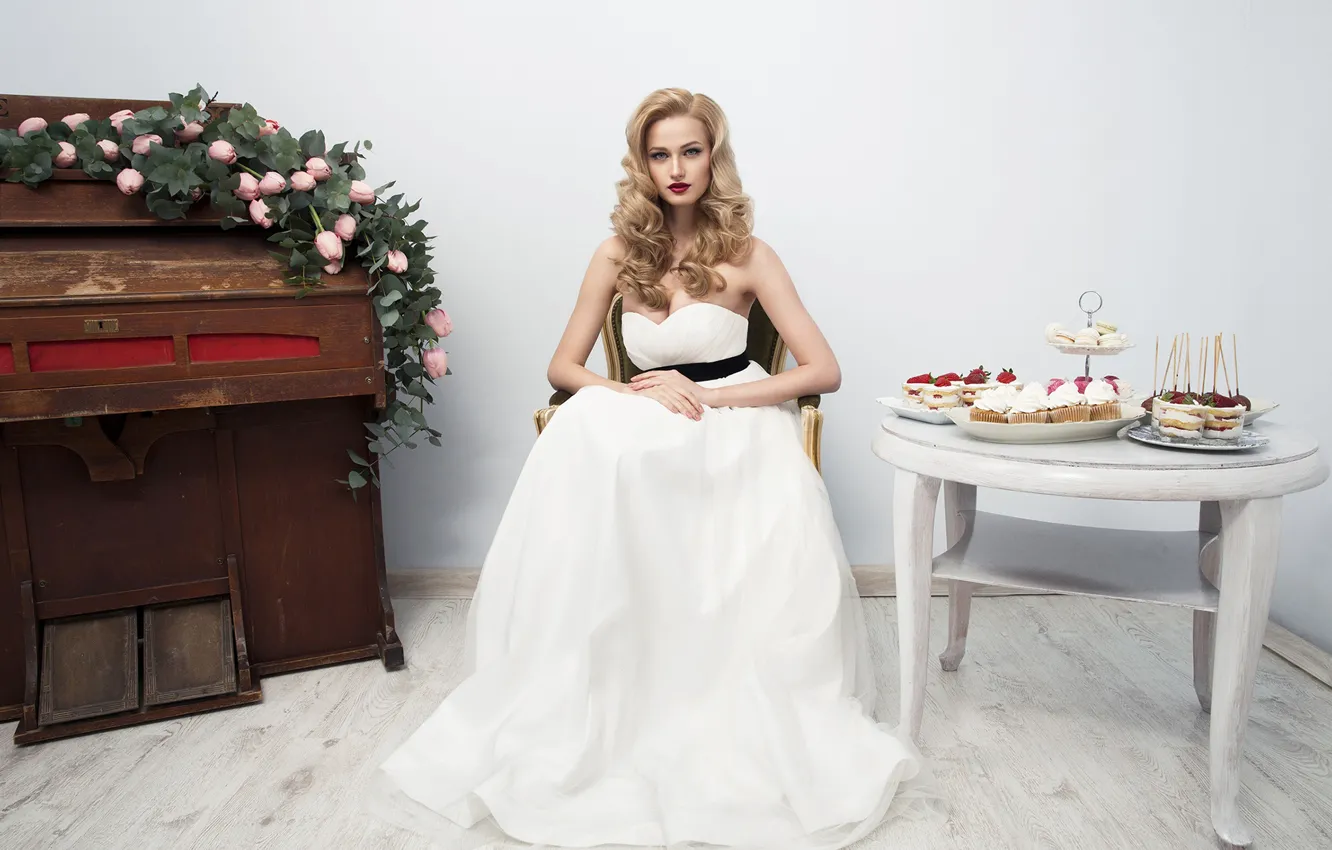 Photo wallpaper look, girl, pose, makeup, dress, hairstyle, cake