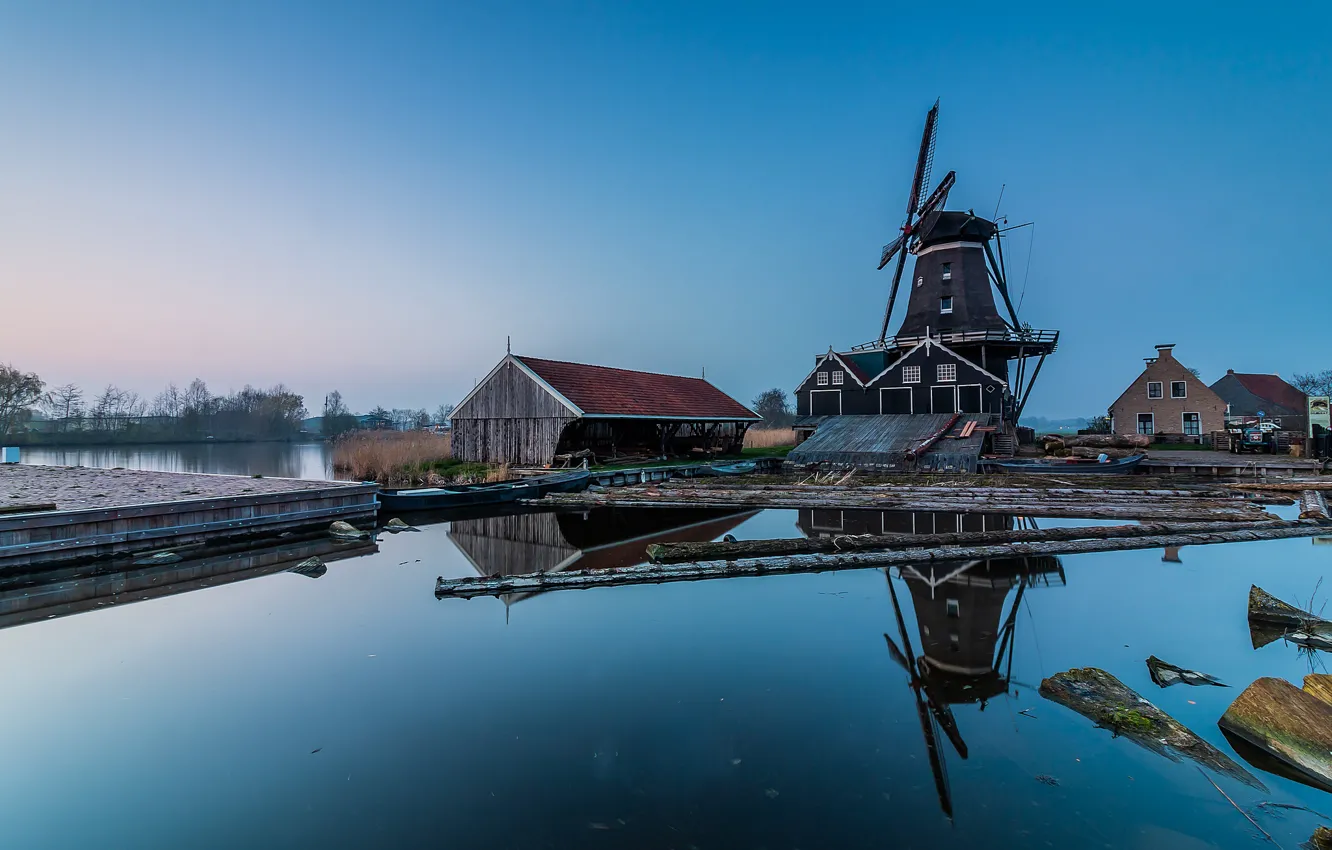 Photo wallpaper overcast, morning, mill, Netherlands, Holland