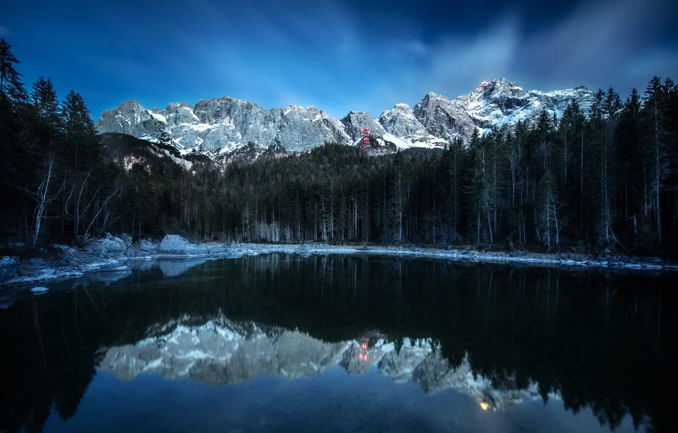 Photo wallpaper forest, snow, mountains, reflection, ate