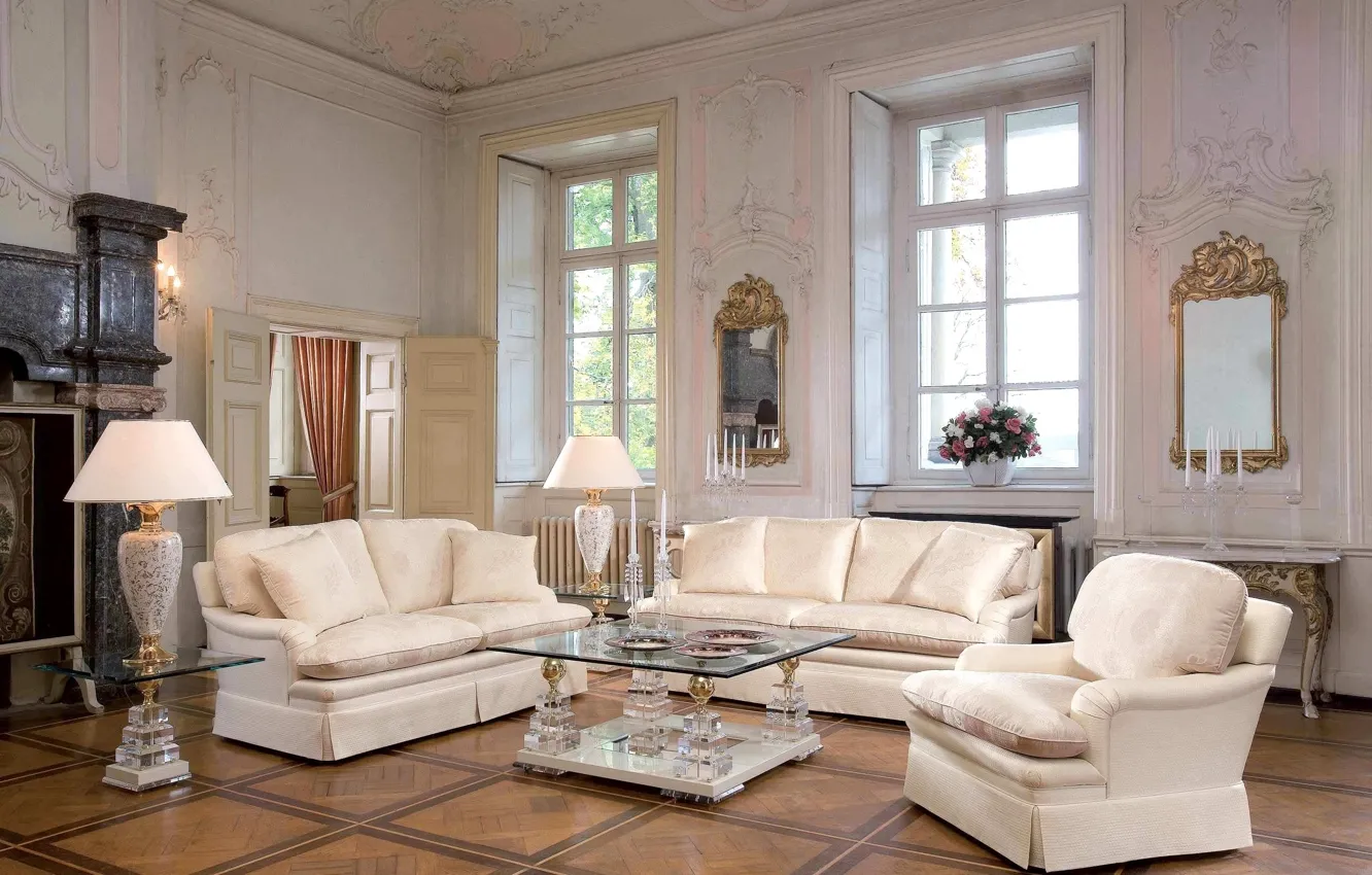 Photo wallpaper flowers, lamp, sofa, Villa, chairs, mirror, luxury, table