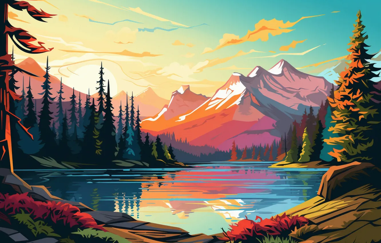 Photo wallpaper forest, the sky, the sun, clouds, landscape, mountains, reflection, shore