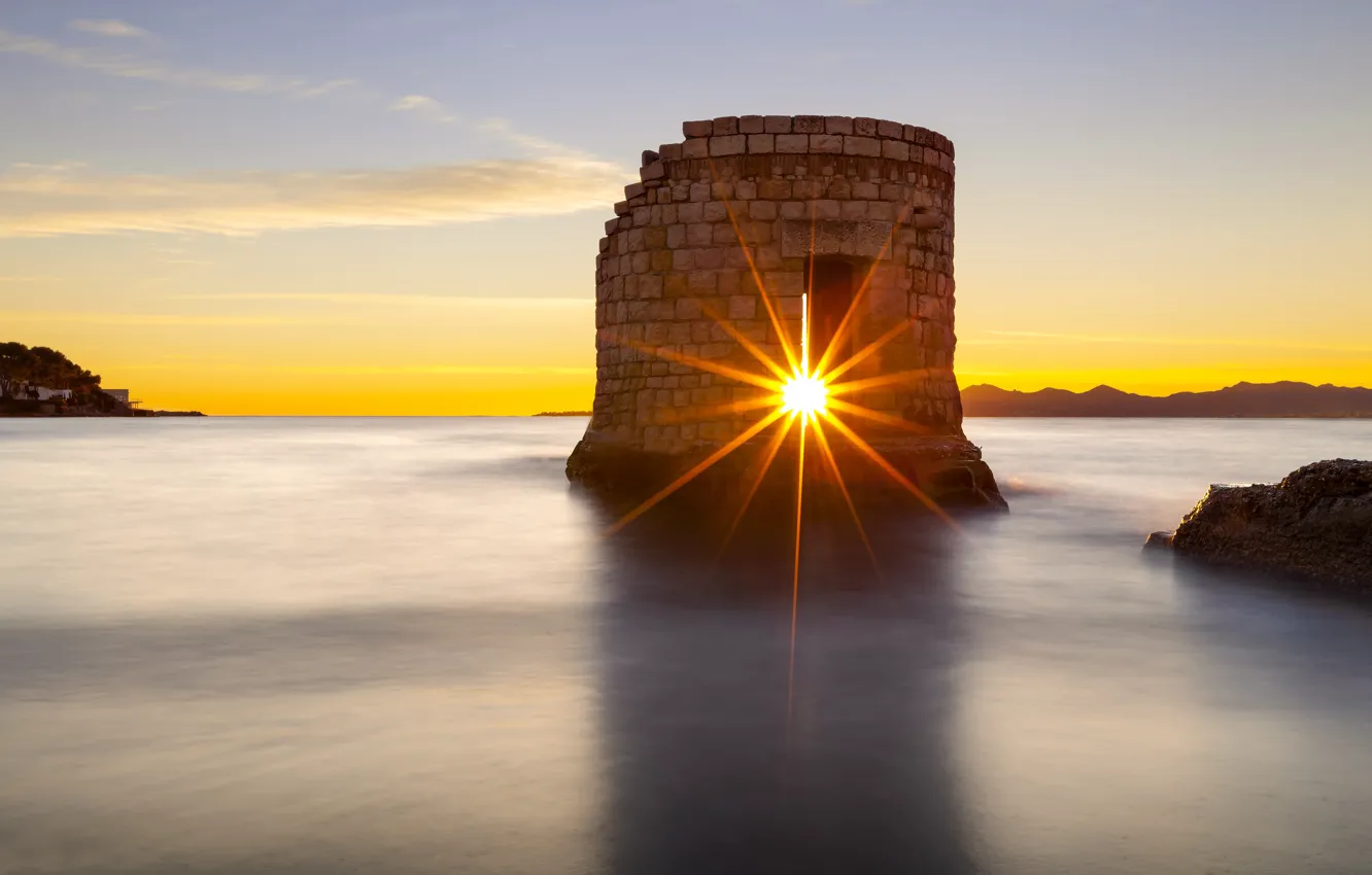 Photo wallpaper sea, the sun, tower, ruins