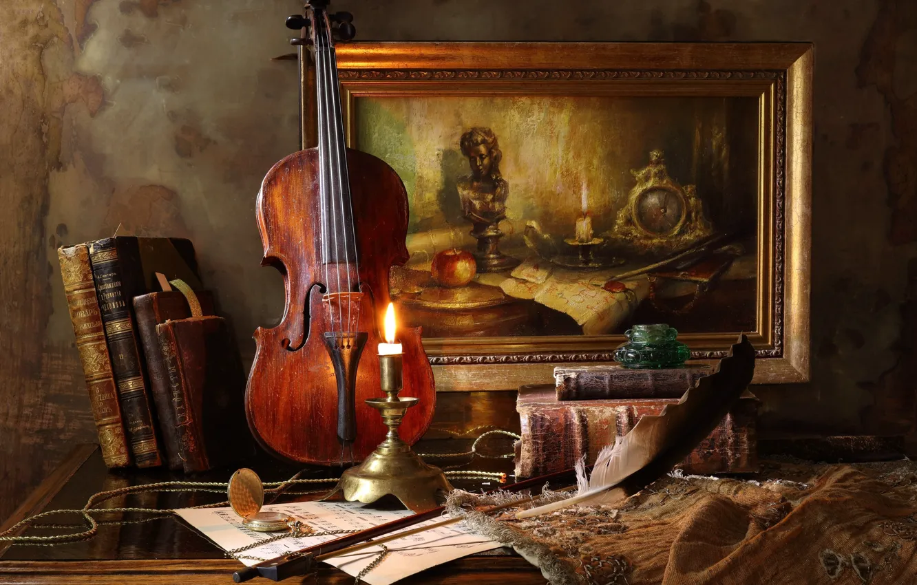 Photo wallpaper style, pen, violin, watch, books, candle, picture, still life