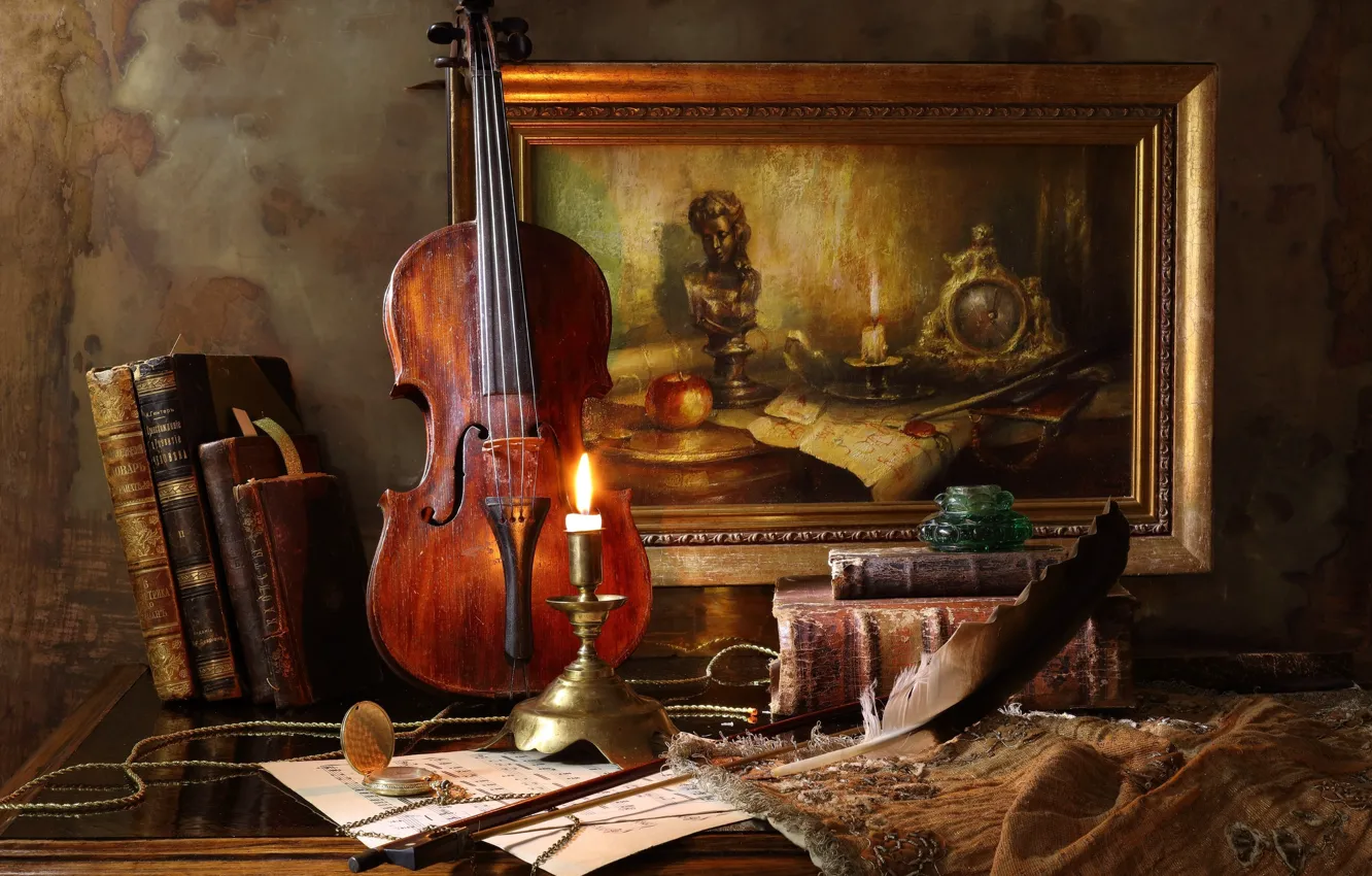 Photo wallpaper style, violin, watch, picture, candles, feathers, book, still life