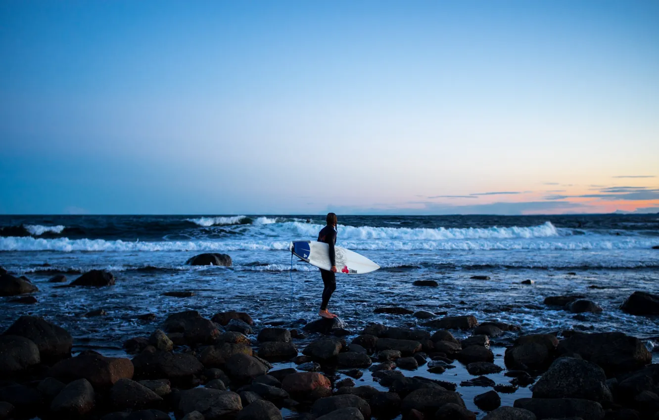 Photo wallpaper waves, twilight, sea, sunset, rocks, evening, dusk, surfer