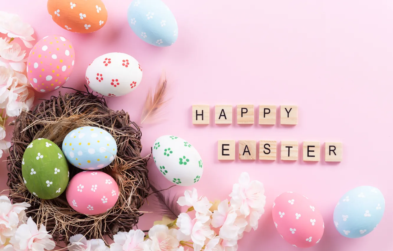 Photo wallpaper flowers, eggs, spring, colorful, Easter, happy, pink, flowers, spring, Easter, eggs, decoration