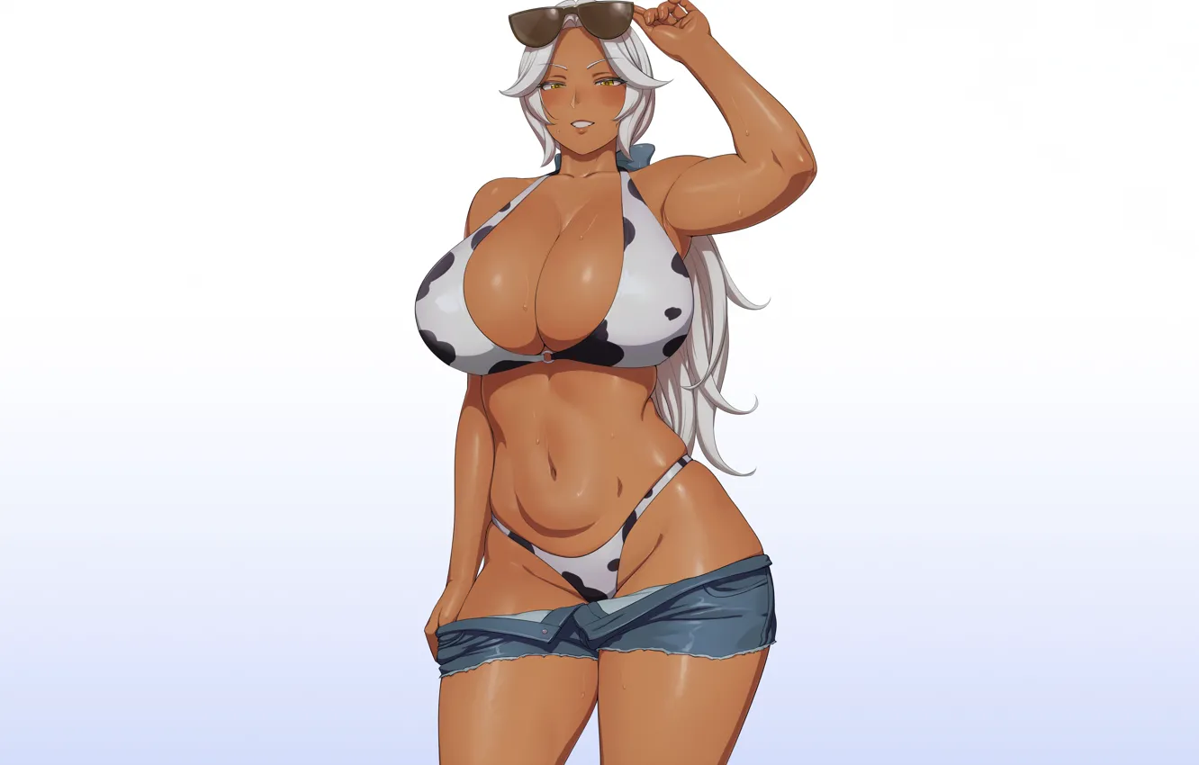 Photo wallpaper girl, sexy, cleavage, shorts, long hair, boobs, anime, beautiful