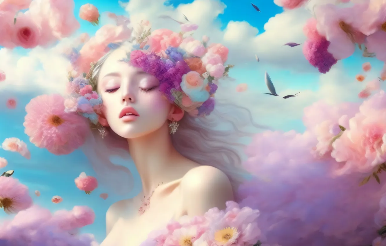 Photo wallpaper girl, flowers, youth, fantasy, spring, fantasy, art, digital art