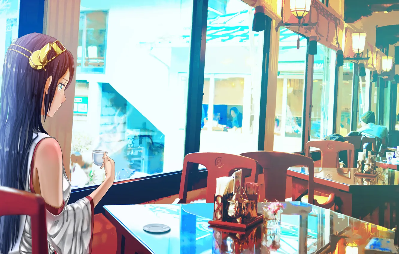 Photo wallpaper girl, table, chair, Cup, cafe, art, kantai collection, Nemgorosan