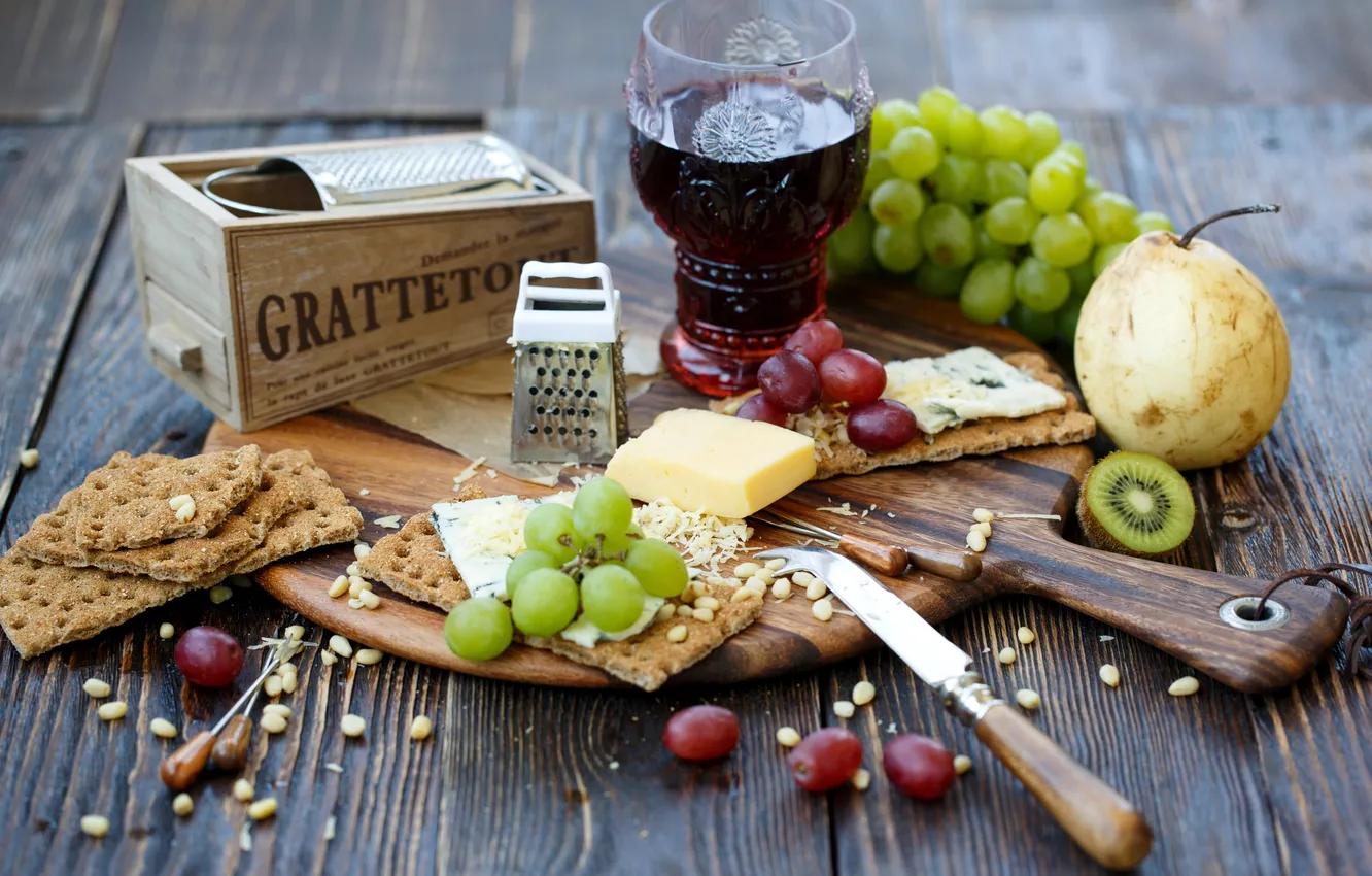 Photo wallpaper red, wine, Board, glass, food, cheese, kiwi, cookies