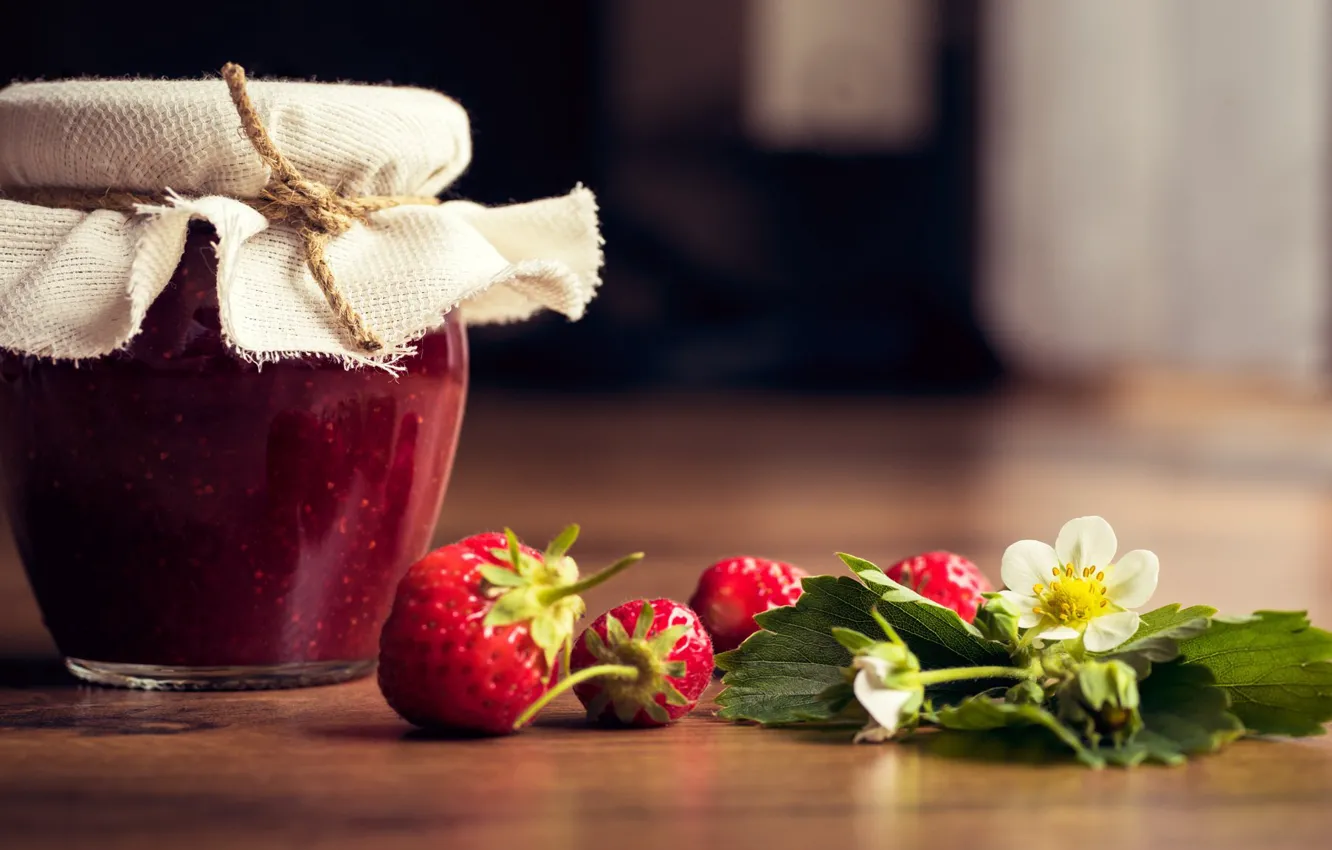 Photo wallpaper leaves, flowers, berries, food, strawberry, Bank, jam