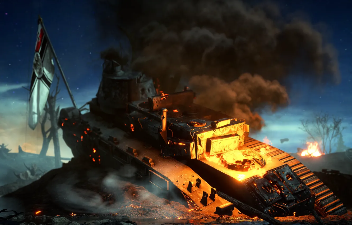 Photo wallpaper smoke, flag, tank, Battlefield 1, field battle