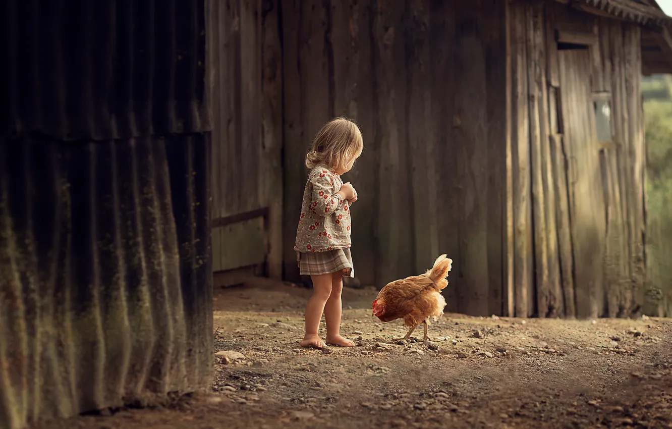 Photo wallpaper childhood, chicken, girl