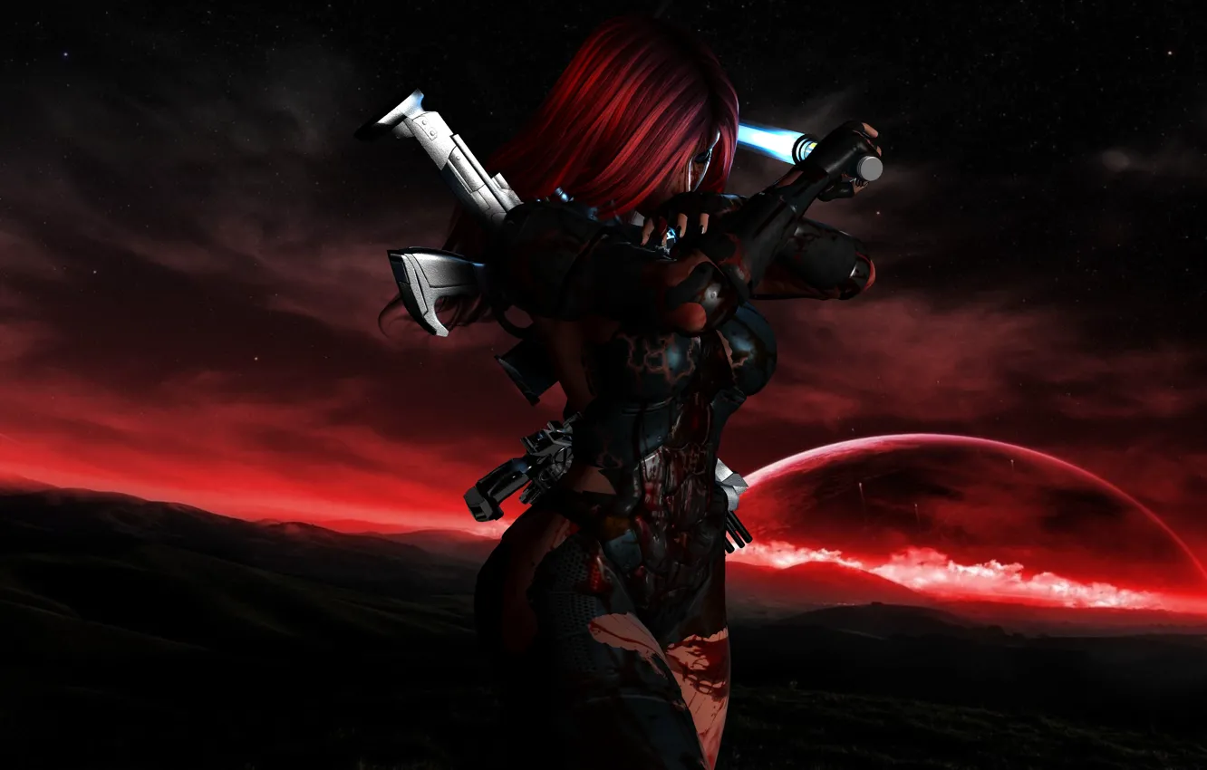Photo wallpaper girl, stars, weapons, blood, planet, costume