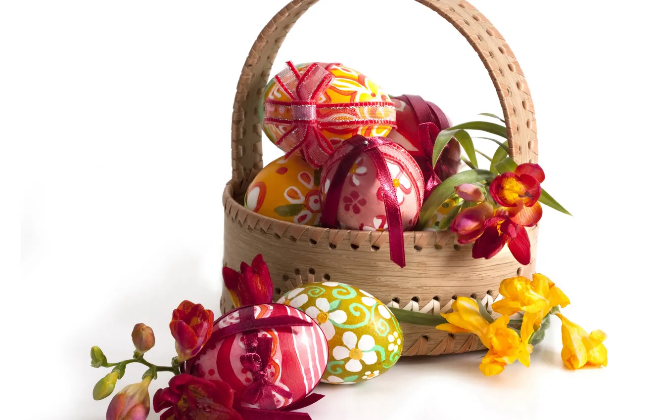 Photo wallpaper eggs, spring, Easter, flowers, basket, spring, eggs, easter